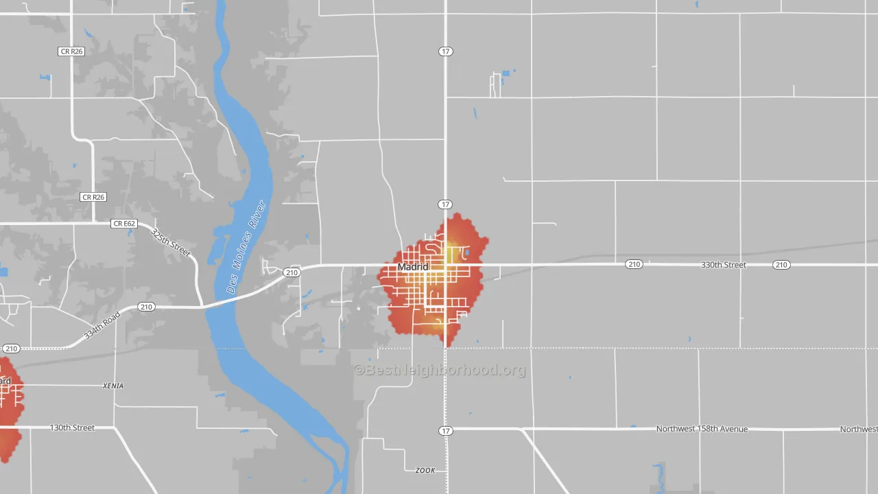 Walk Grade map of 50156, IA, walkable areas in green and car-dependent areas in red