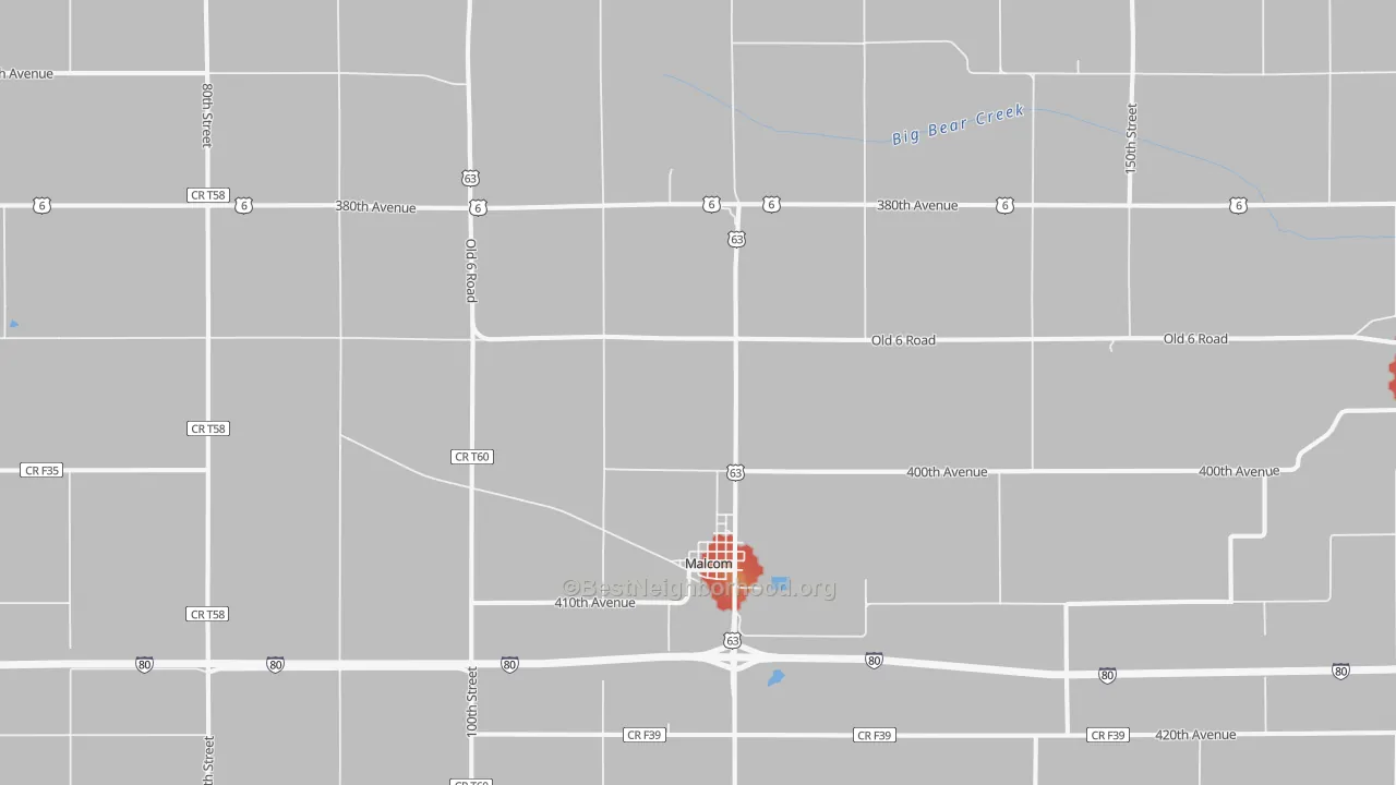 Walk Grade map of 50157, IA, walkable areas in green and car-dependent areas in red