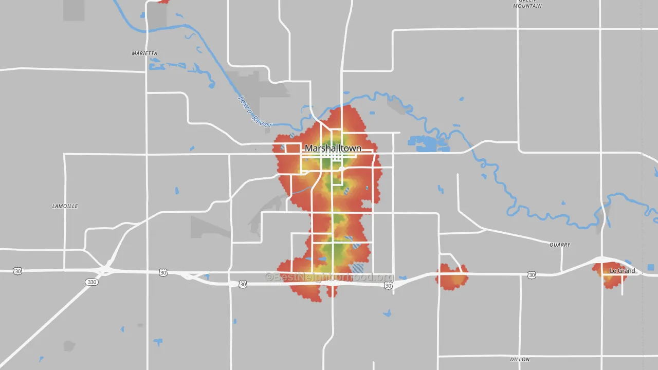 Walk Grade map of 50158, IA, walkable areas in green and car-dependent areas in red