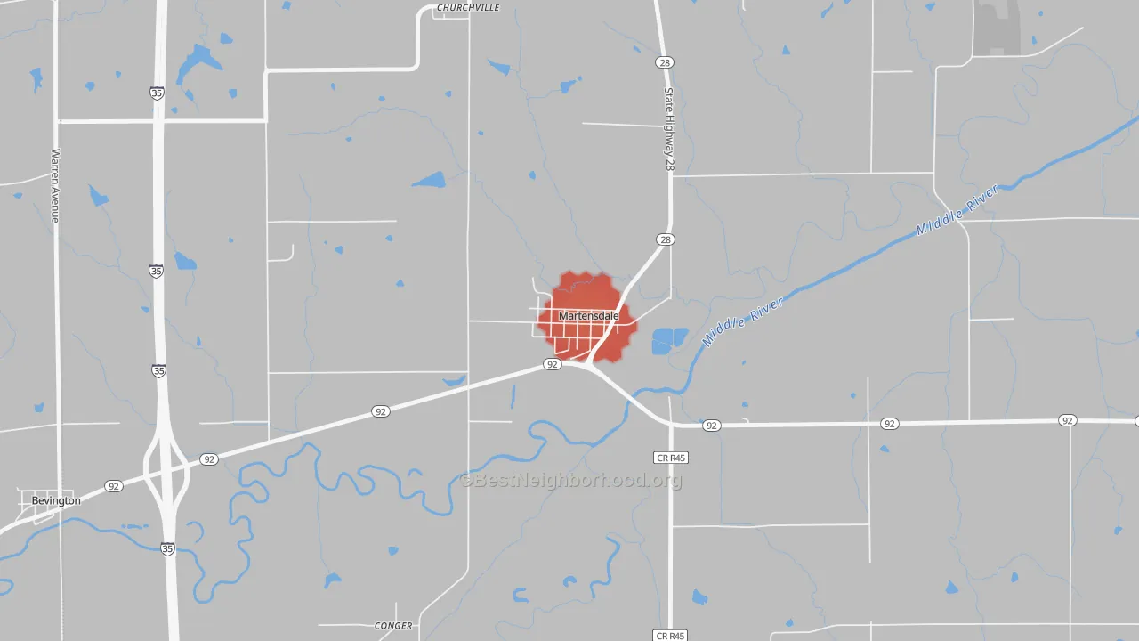 Walk Grade map of 50160, IA, walkable areas in green and car-dependent areas in red