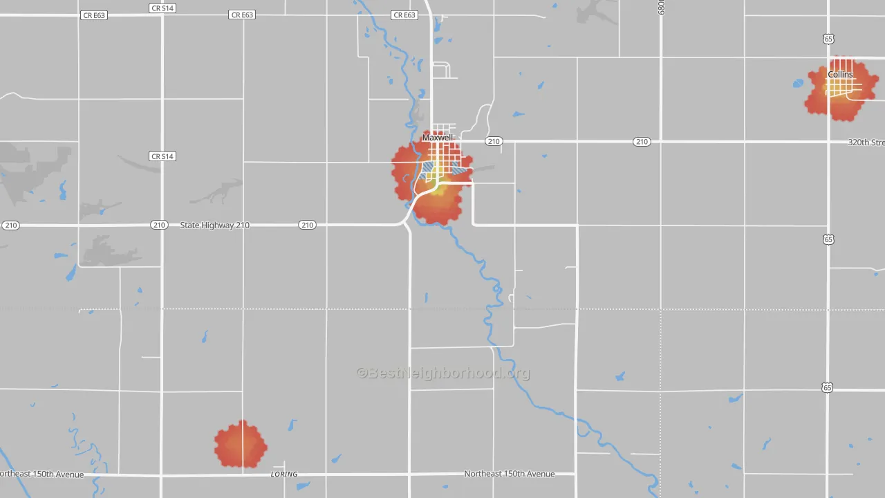 Walk Grade map of 50161, IA, walkable areas in green and car-dependent areas in red