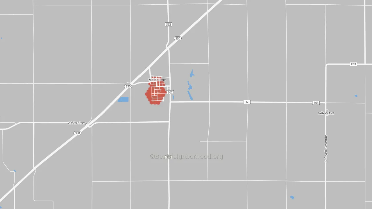 Walk Grade map of 50162, IA, walkable areas in green and car-dependent areas in red