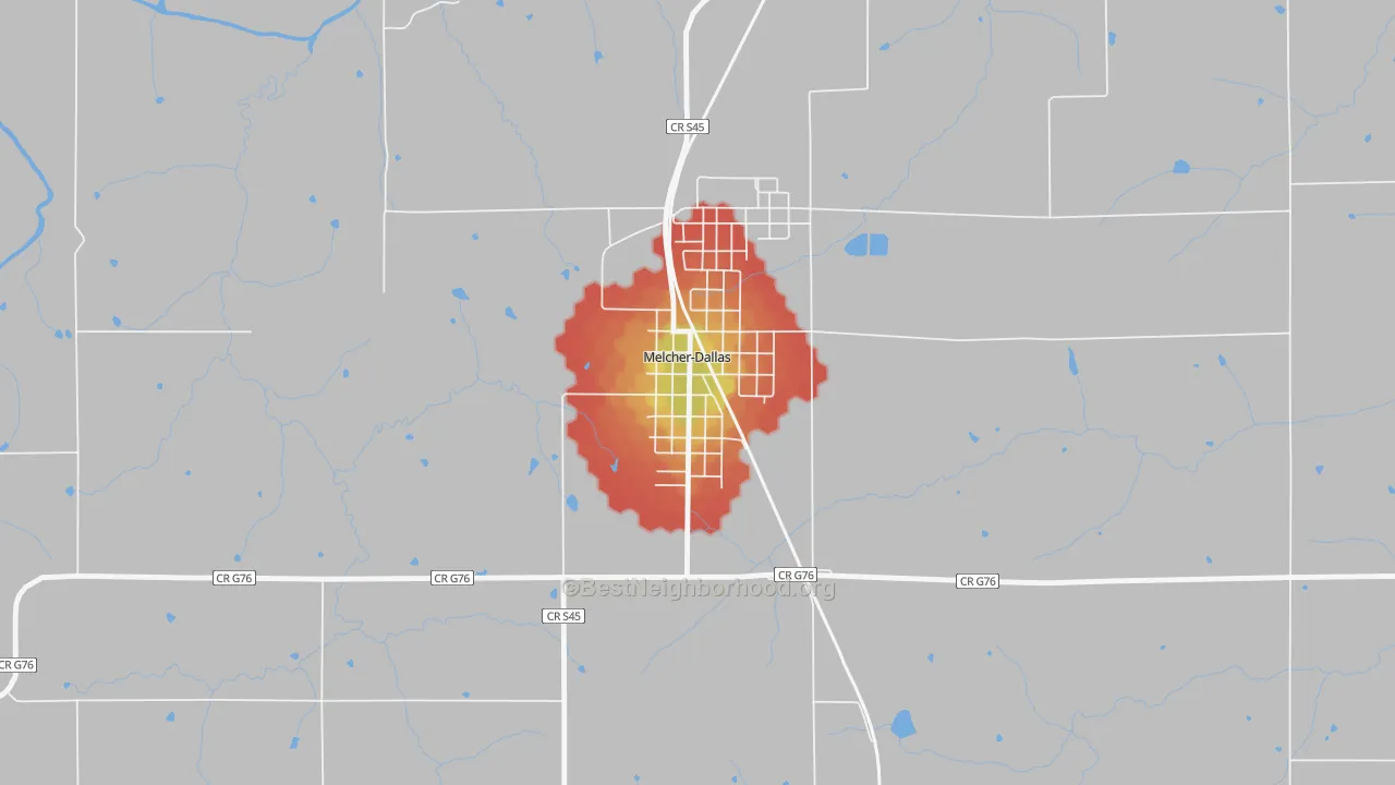 Walk Grade map of 50163, IA, walkable areas in green and car-dependent areas in red