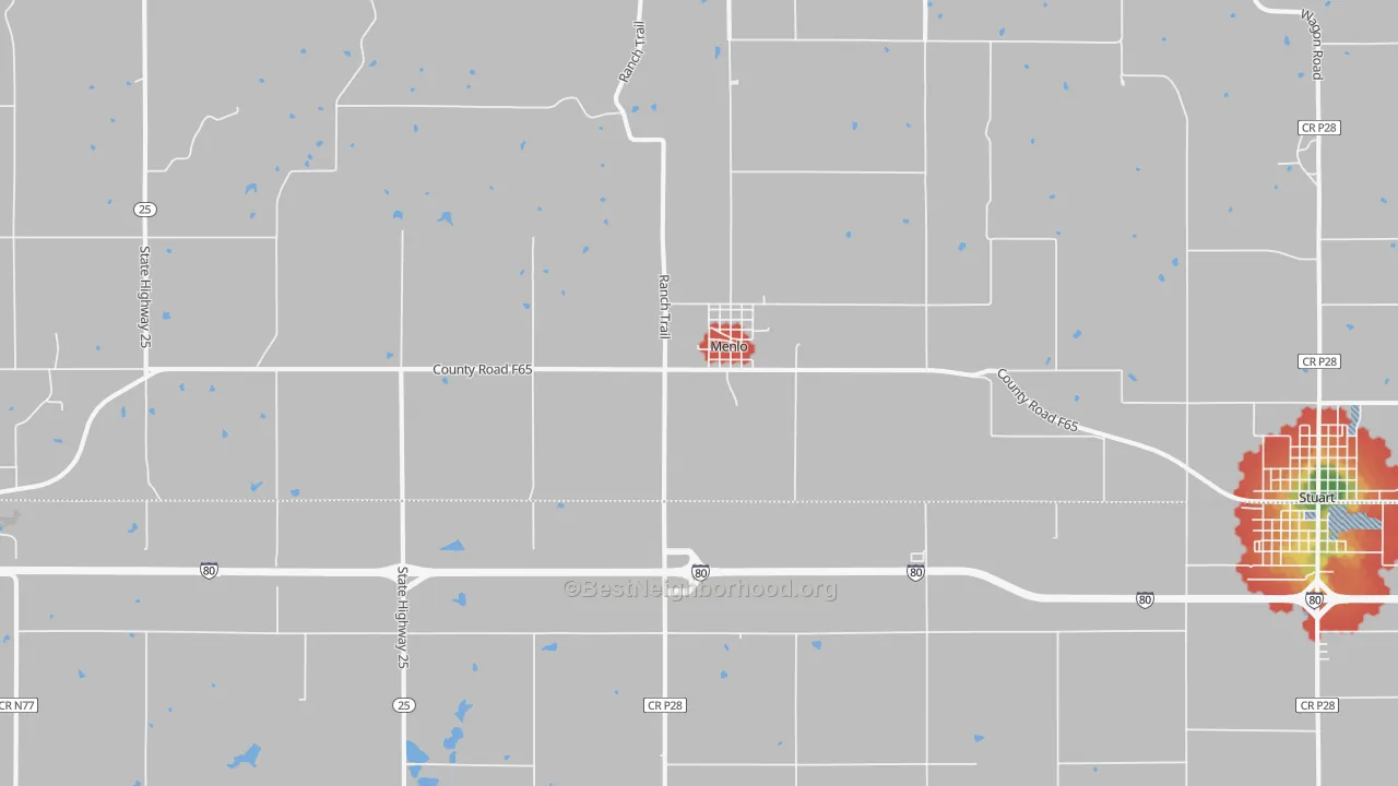 Walk Grade map of 50164, IA, walkable areas in green and car-dependent areas in red