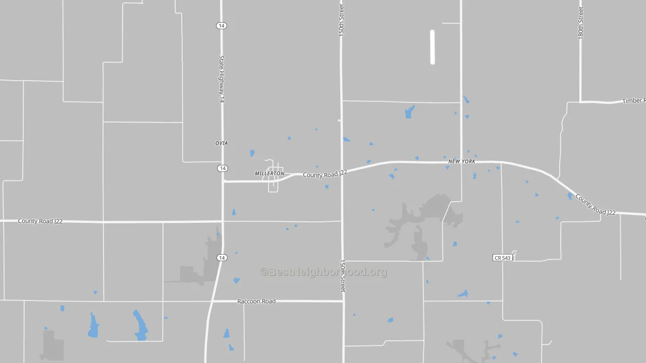 Walk Grade map of 50165, IA, walkable areas in green and car-dependent areas in red