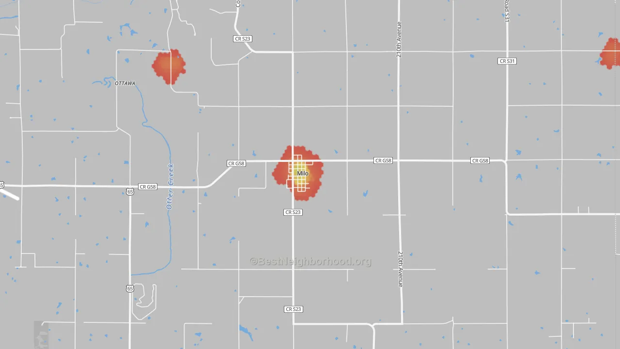 Walk Grade map of 50166, IA, walkable areas in green and car-dependent areas in red