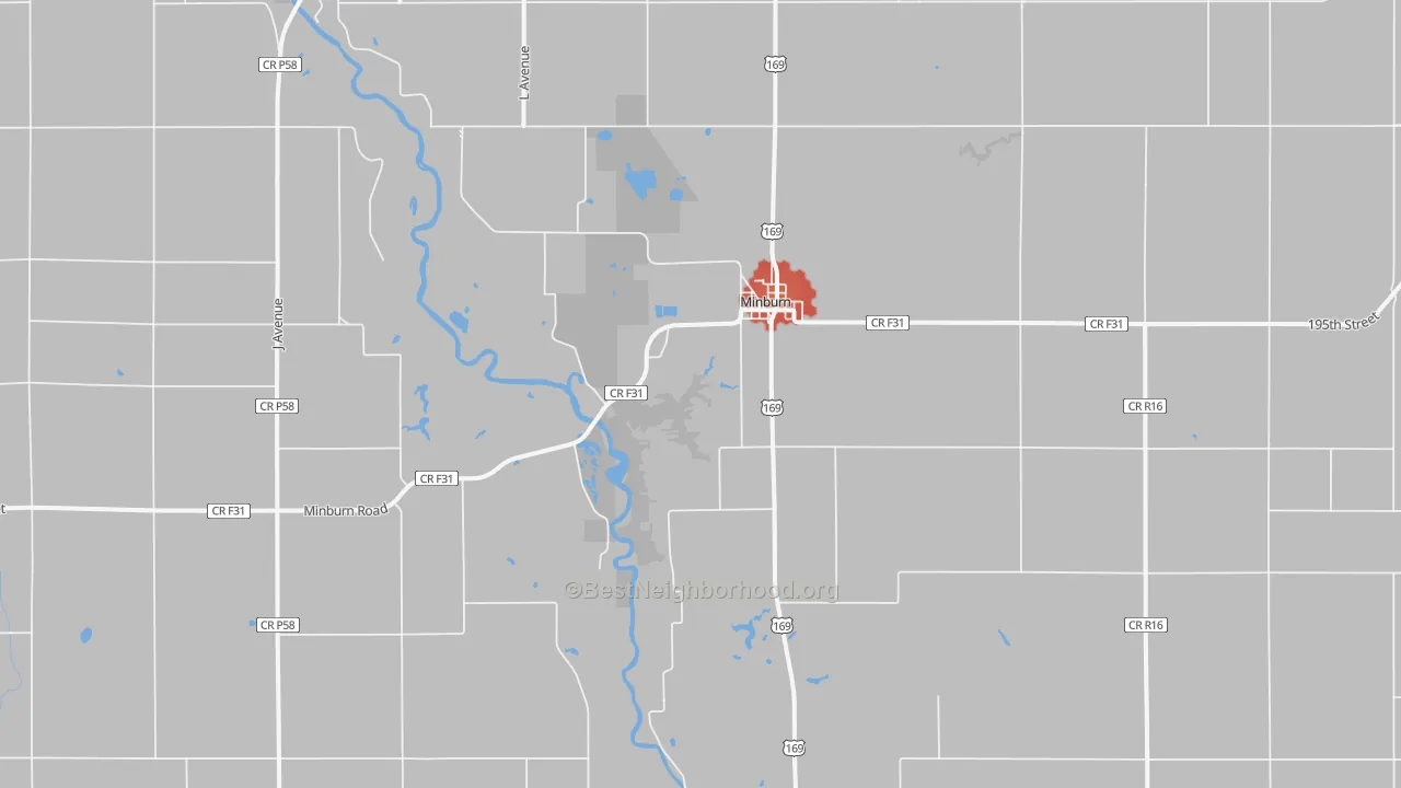 Walk Grade map of 50167, IA, walkable areas in green and car-dependent areas in red