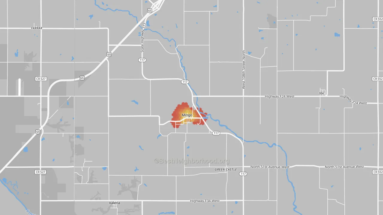 Walk Grade map of 50168, IA, walkable areas in green and car-dependent areas in red