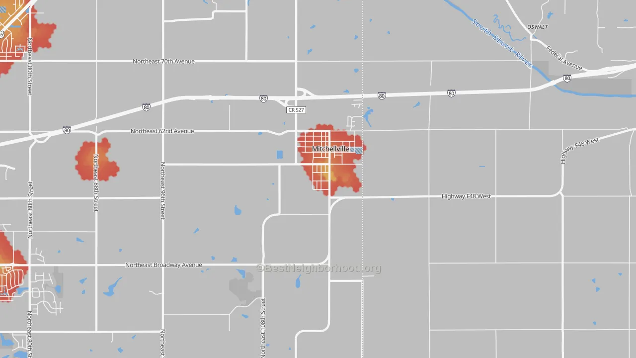 Walk Grade map of 50169, IA, walkable areas in green and car-dependent areas in red