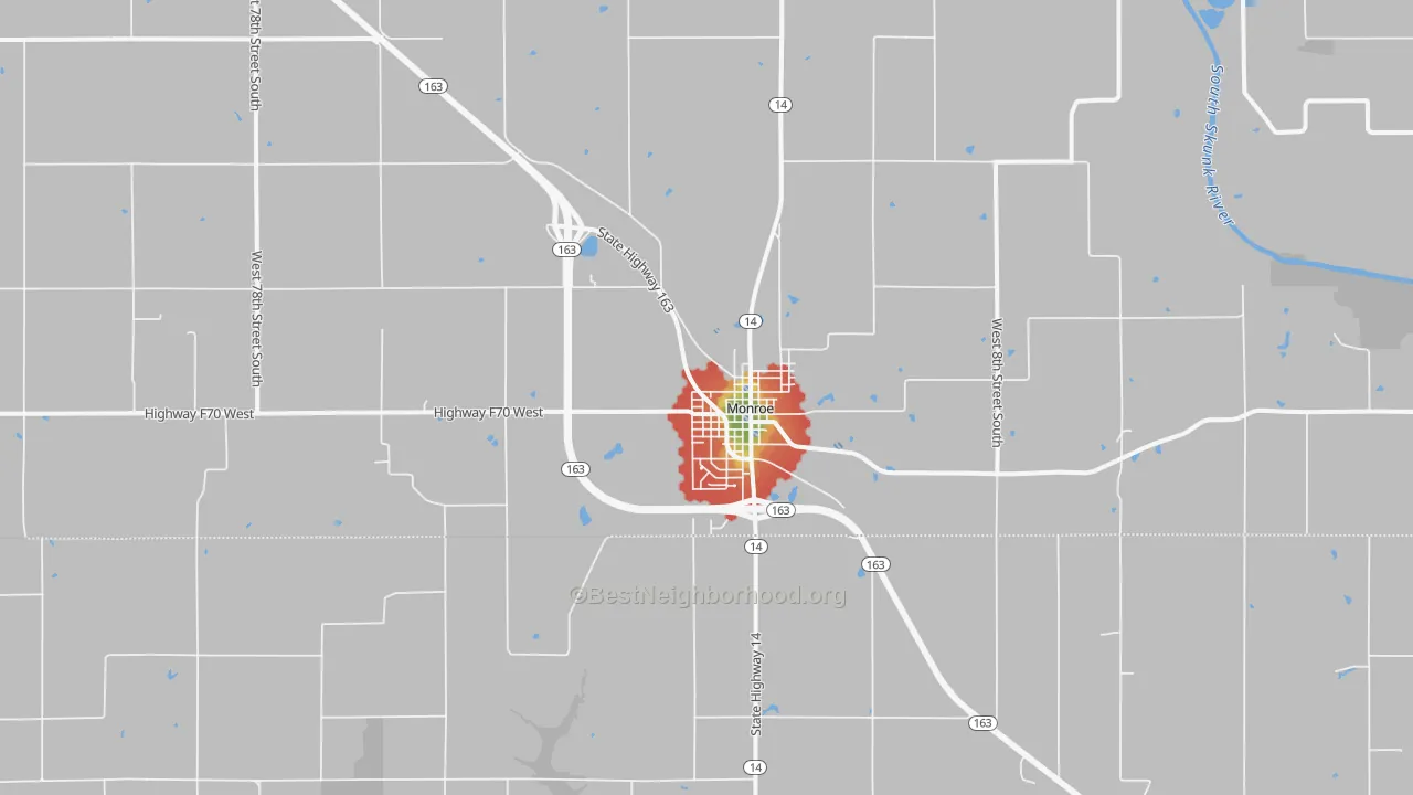 Walk Grade map of 50170, IA, walkable areas in green and car-dependent areas in red