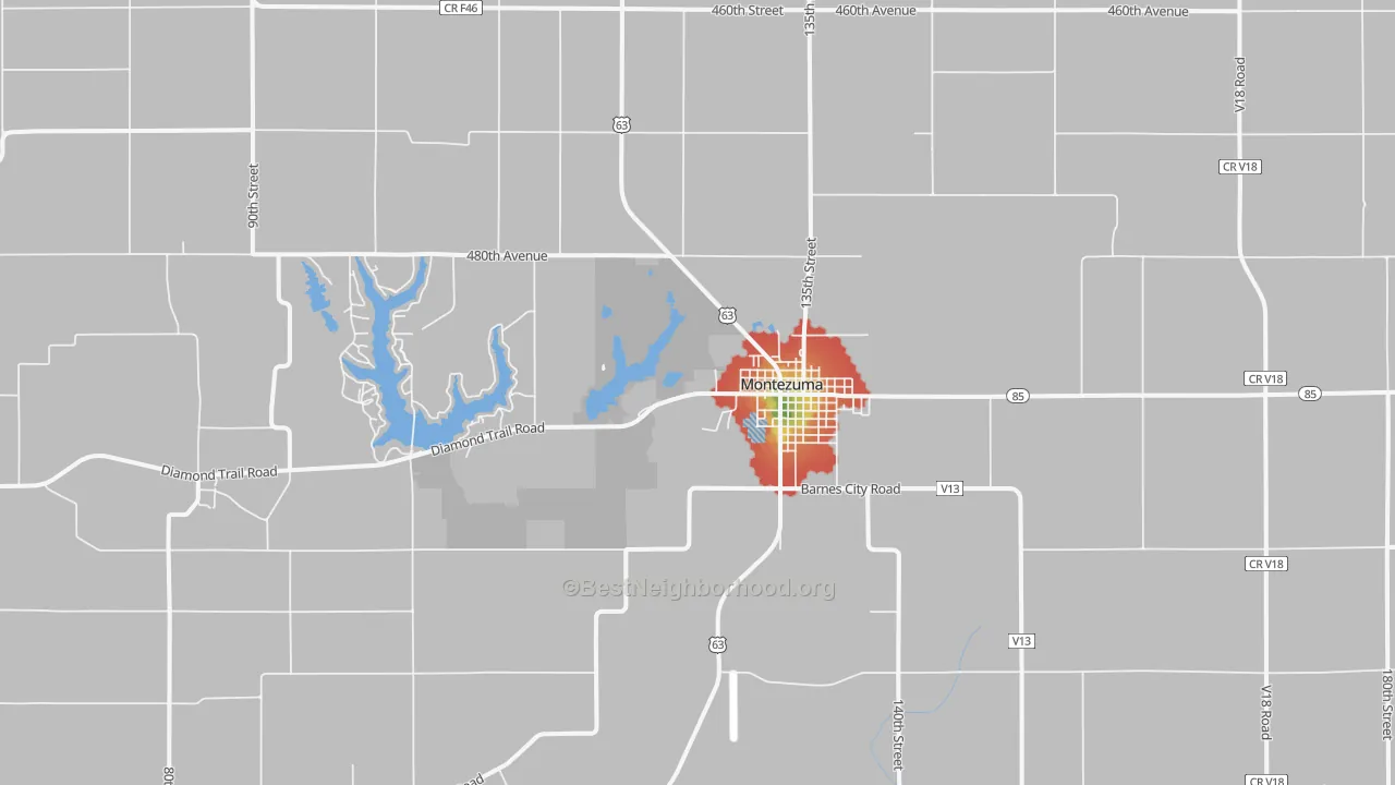 Walk Grade map of 50171, IA, walkable areas in green and car-dependent areas in red