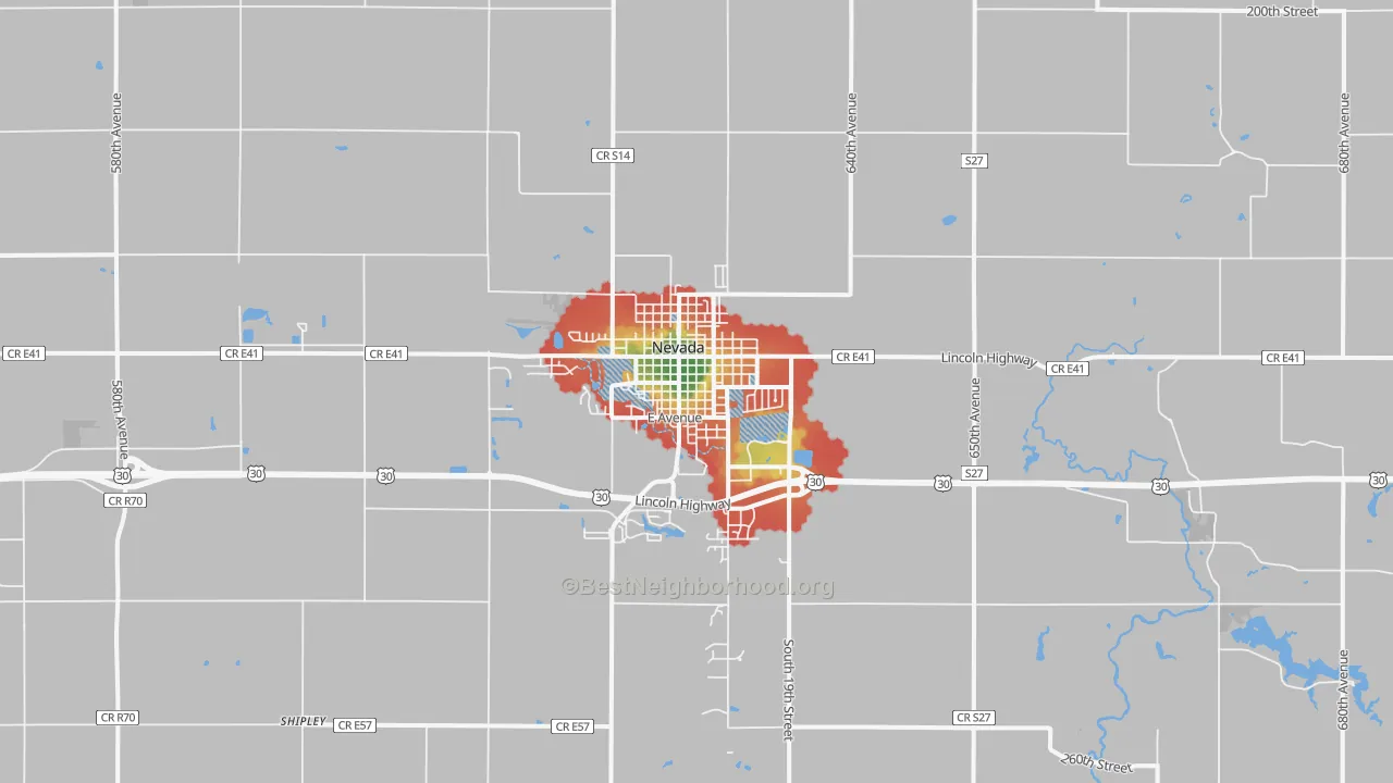 Walk Grade map of 50201, IA, walkable areas in green and car-dependent areas in red