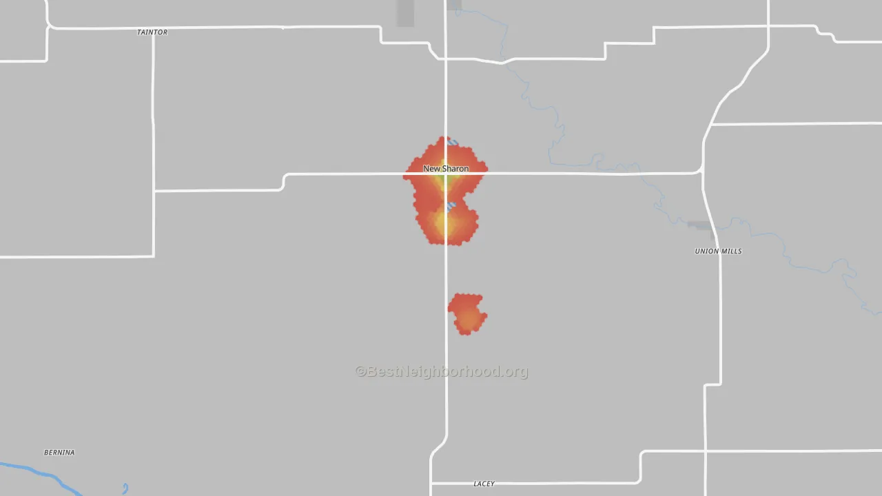 Walk Grade map of 50207, IA, walkable areas in green and car-dependent areas in red