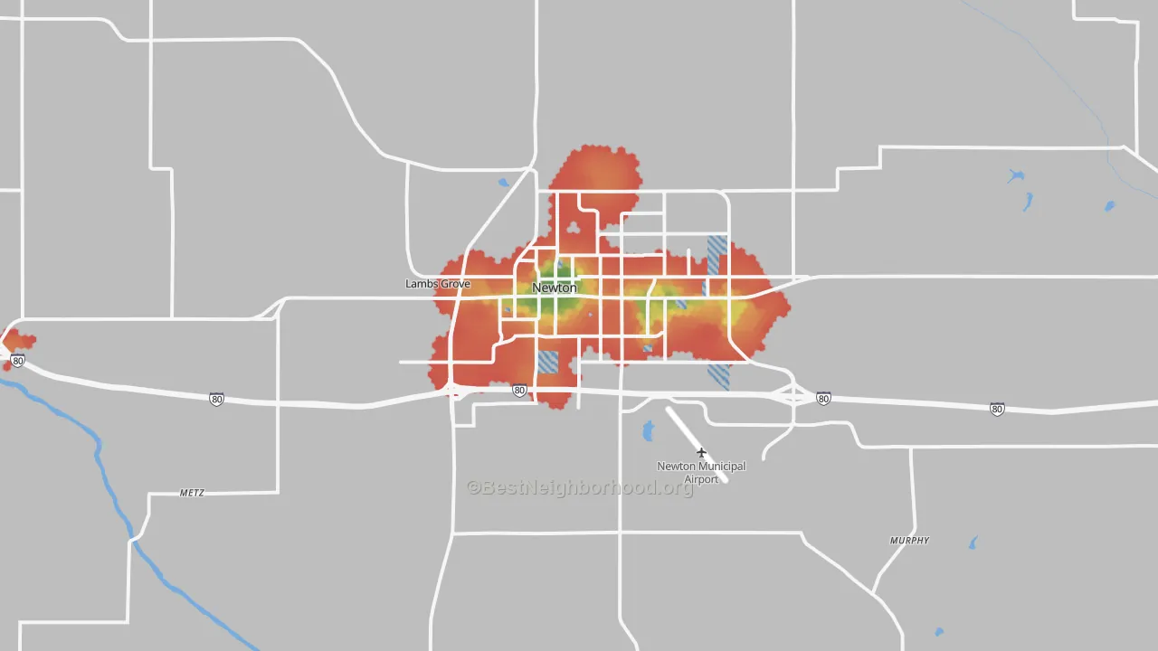 Walk Grade map of 50208, IA, walkable areas in green and car-dependent areas in red