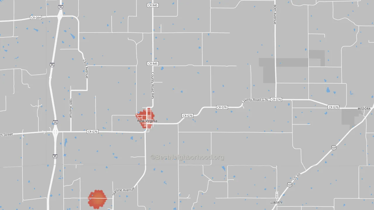 Walk Grade map of 50210, IA, walkable areas in green and car-dependent areas in red