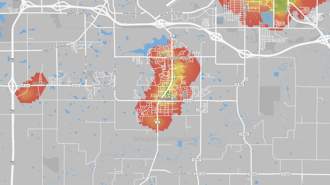 Walk Grade map of 50211, IA, walkable areas in green and car-dependent areas in red