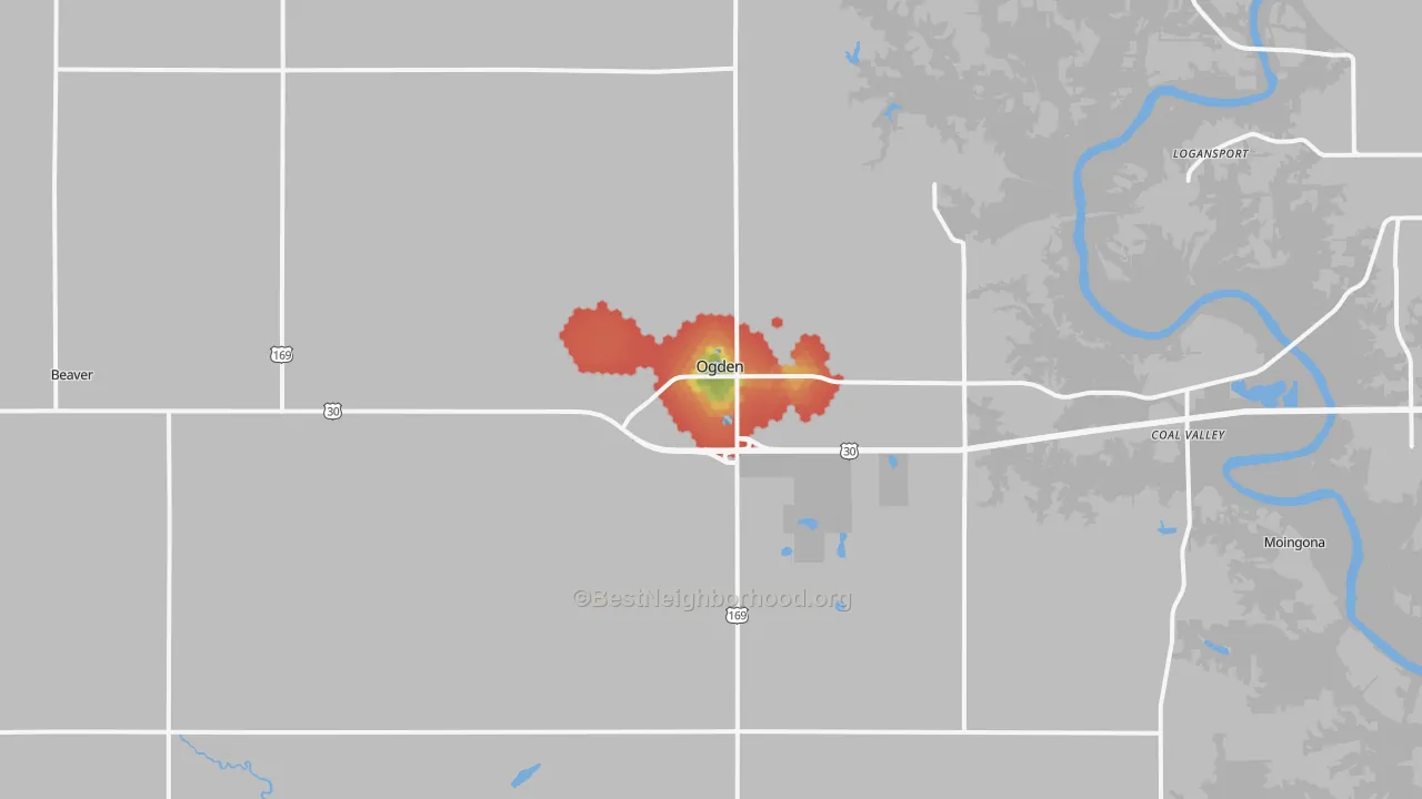 Walk Grade map of 50212, IA, walkable areas in green and car-dependent areas in red