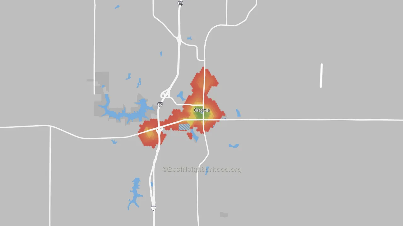Walk Grade map of 50213, IA, walkable areas in green and car-dependent areas in red