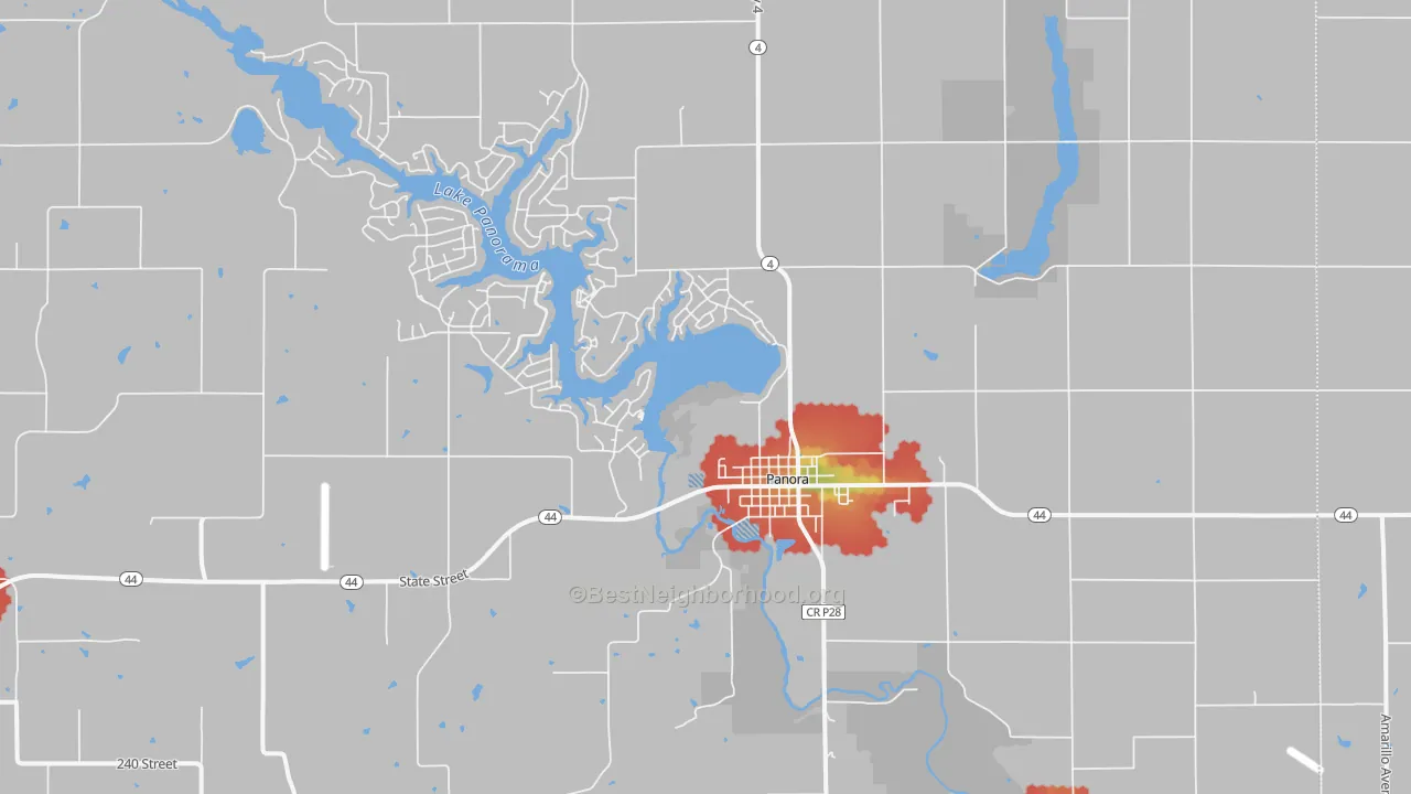 Walk Grade map of 50216, IA, walkable areas in green and car-dependent areas in red