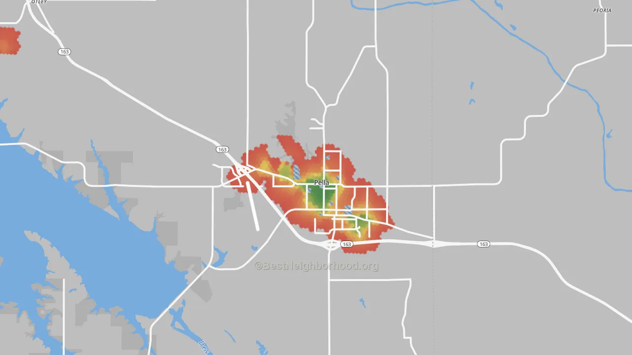 Walk Grade map of 50219, IA, walkable areas in green and car-dependent areas in red