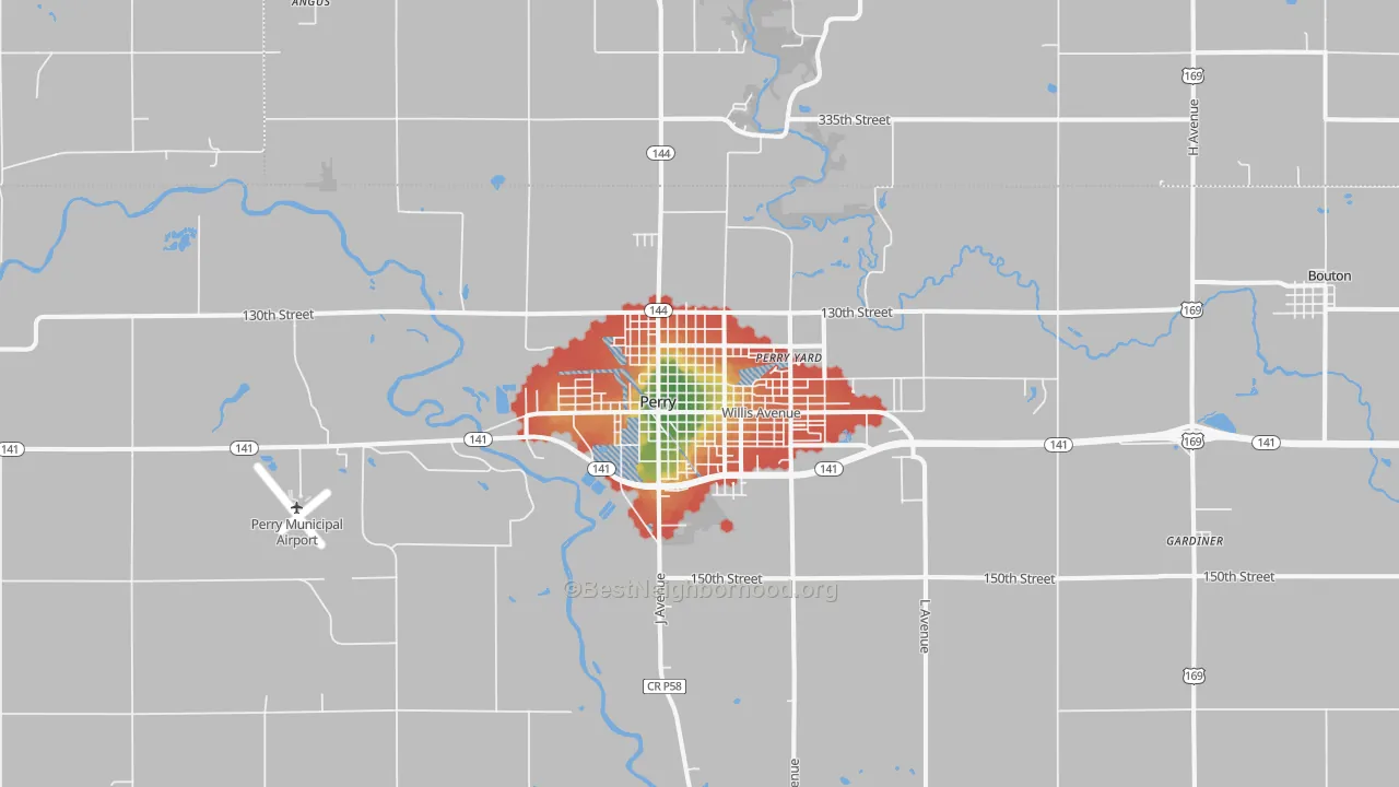 Walk Grade map of 50220, IA, walkable areas in green and car-dependent areas in red