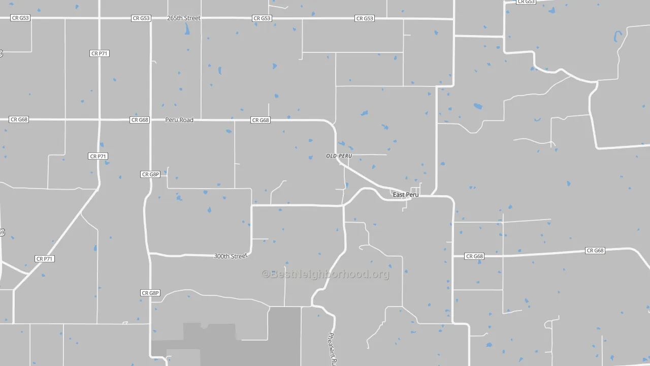 Walk Grade map of 50222, IA, walkable areas in green and car-dependent areas in red