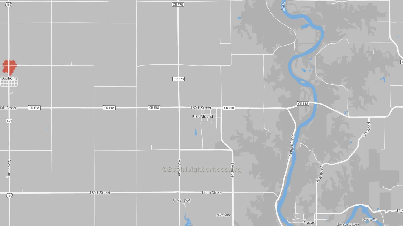 Walk Grade map of 50223, IA, walkable areas in green and car-dependent areas in red