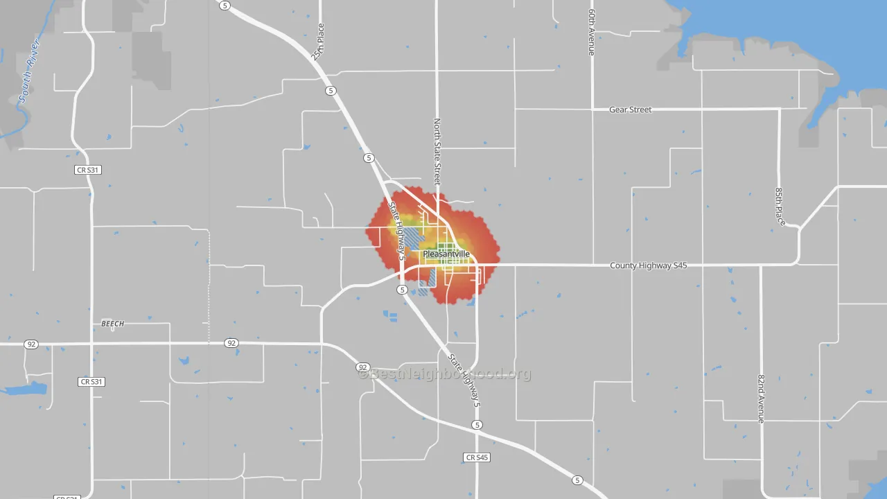 Walk Grade map of 50225, IA, walkable areas in green and car-dependent areas in red