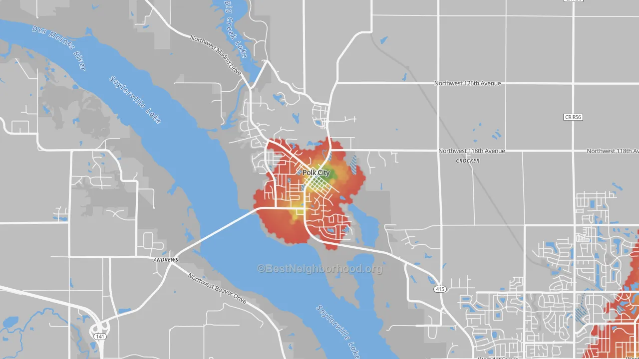 Walk Grade map of 50226, IA, walkable areas in green and car-dependent areas in red