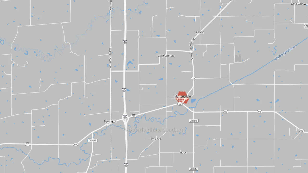Walk Grade map of 50229, IA, walkable areas in green and car-dependent areas in red