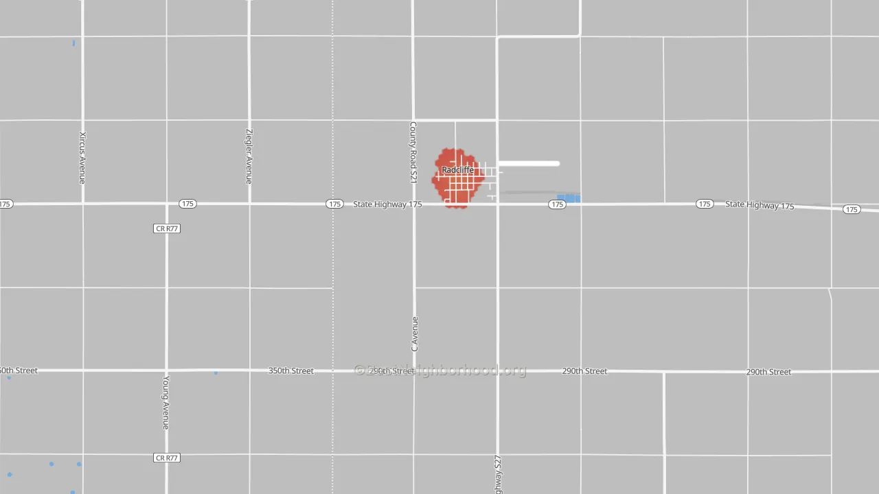 Walk Grade map of 50230, IA, walkable areas in green and car-dependent areas in red