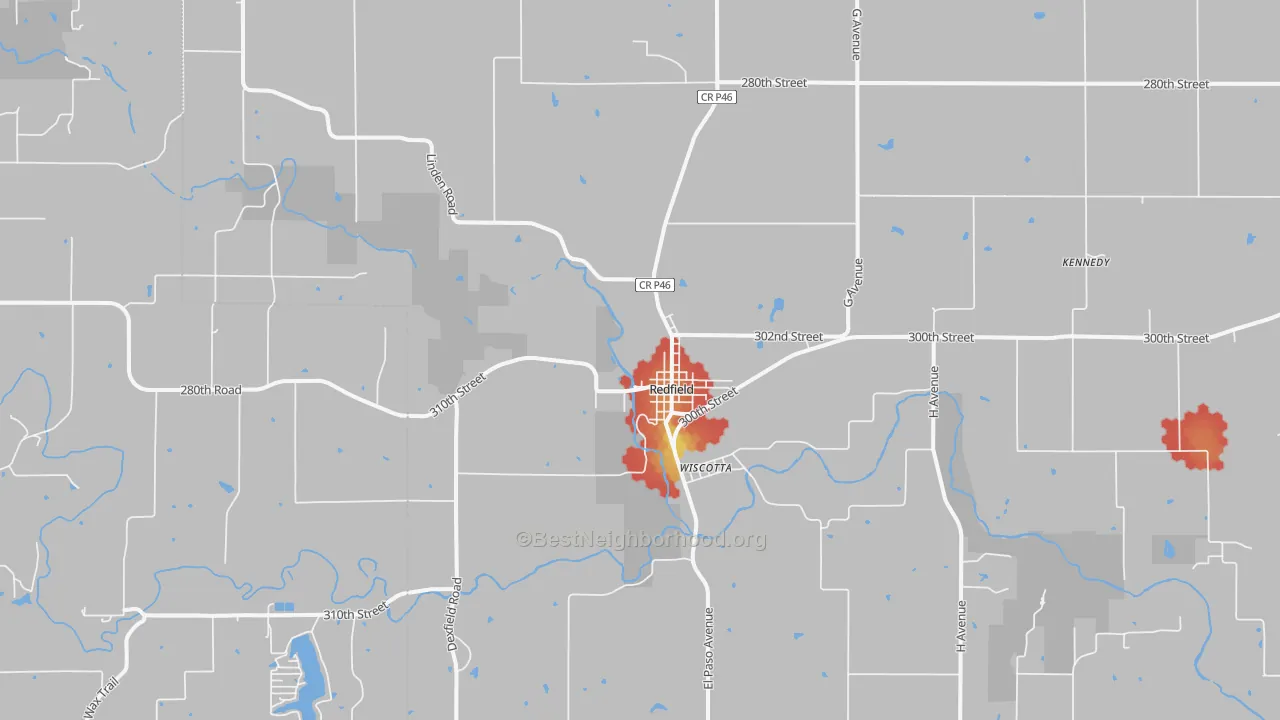 Walk Grade map of 50233, IA, walkable areas in green and car-dependent areas in red