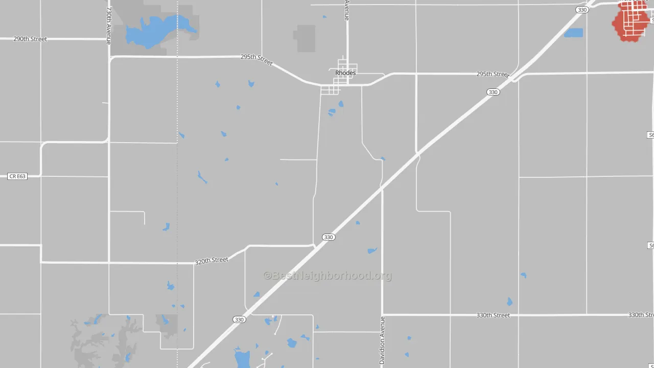 Walk Grade map of 50234, IA, walkable areas in green and car-dependent areas in red
