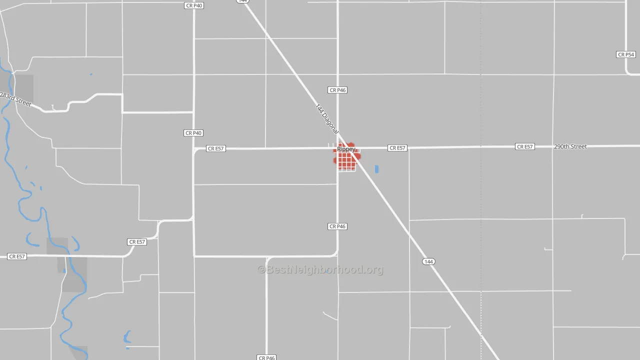 Walk Grade map of 50235, IA, walkable areas in green and car-dependent areas in red