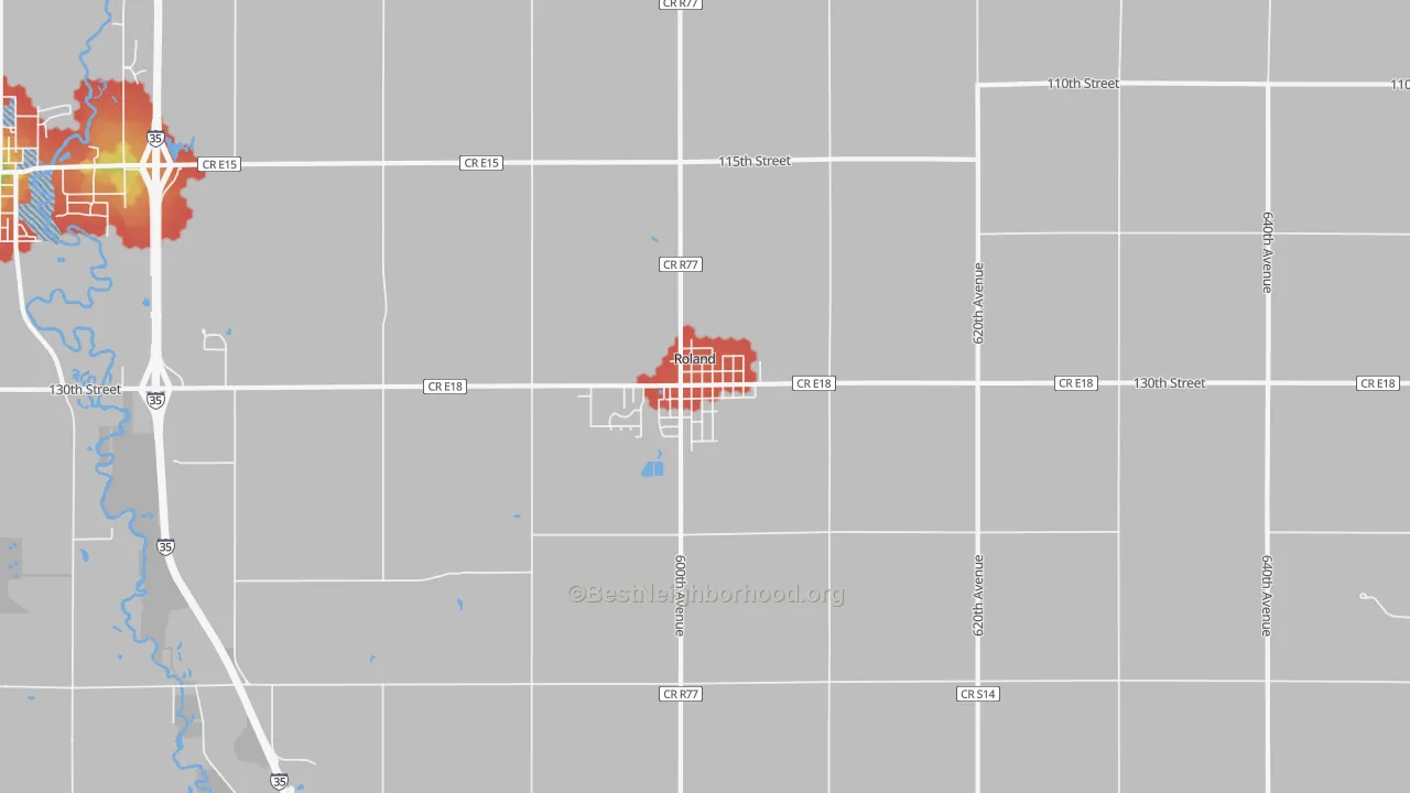 Walk Grade map of 50236, IA, walkable areas in green and car-dependent areas in red