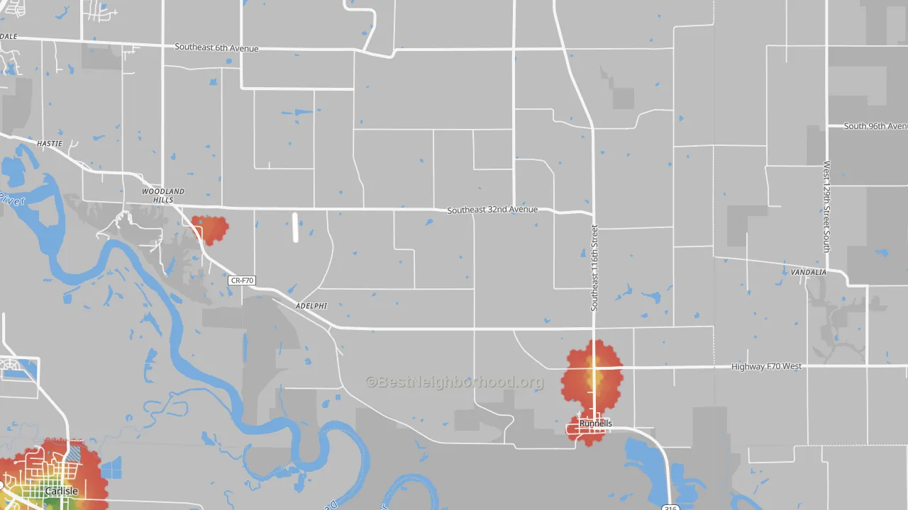 Walk Grade map of 50237, IA, walkable areas in green and car-dependent areas in red