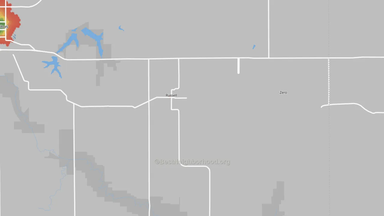 Walk Grade map of 50238, IA, walkable areas in green and car-dependent areas in red