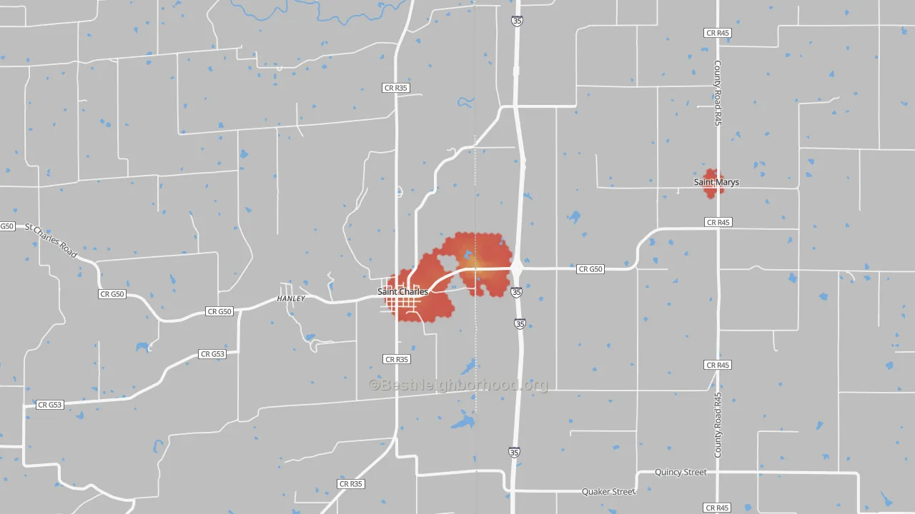 Walk Grade map of 50240, IA, walkable areas in green and car-dependent areas in red