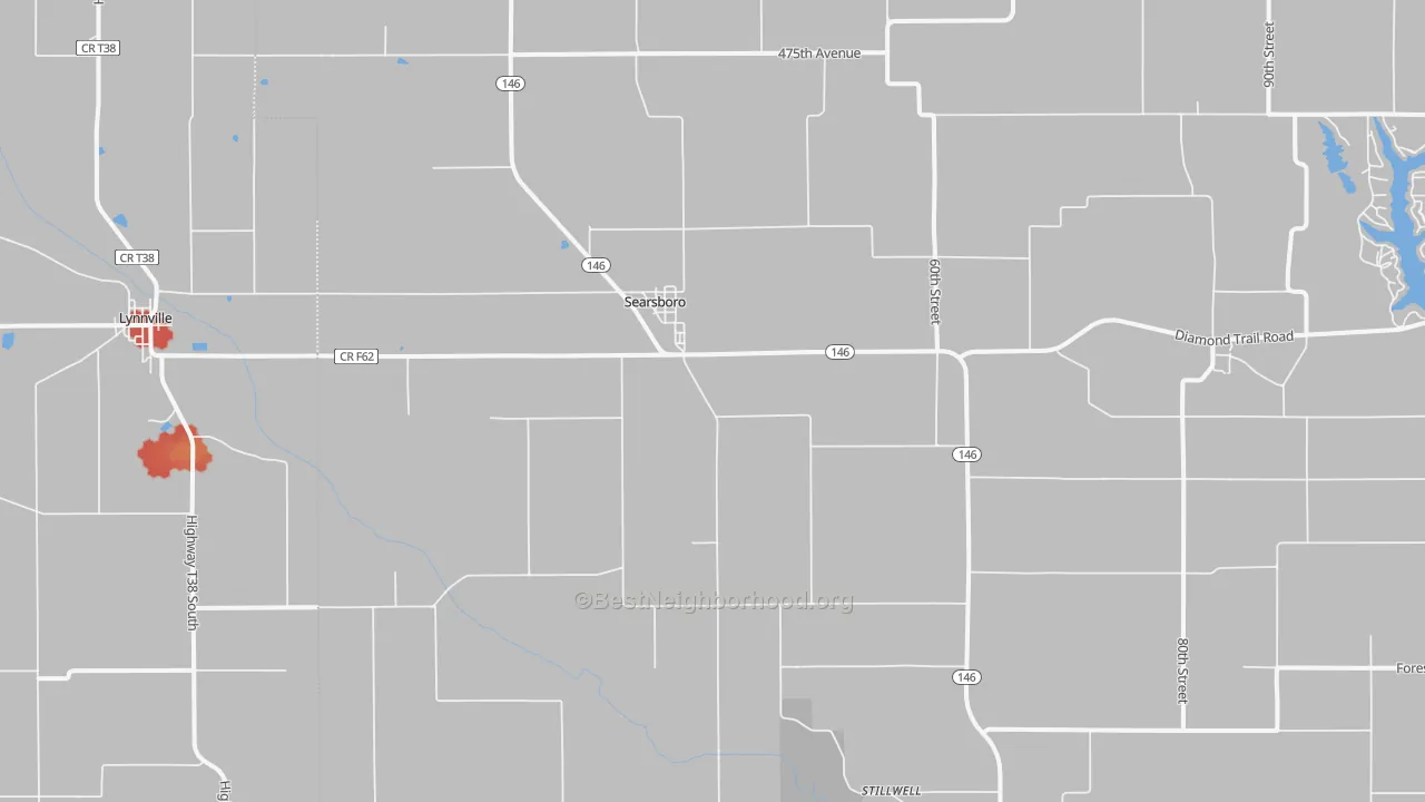 Walk Grade map of 50242, IA, walkable areas in green and car-dependent areas in red
