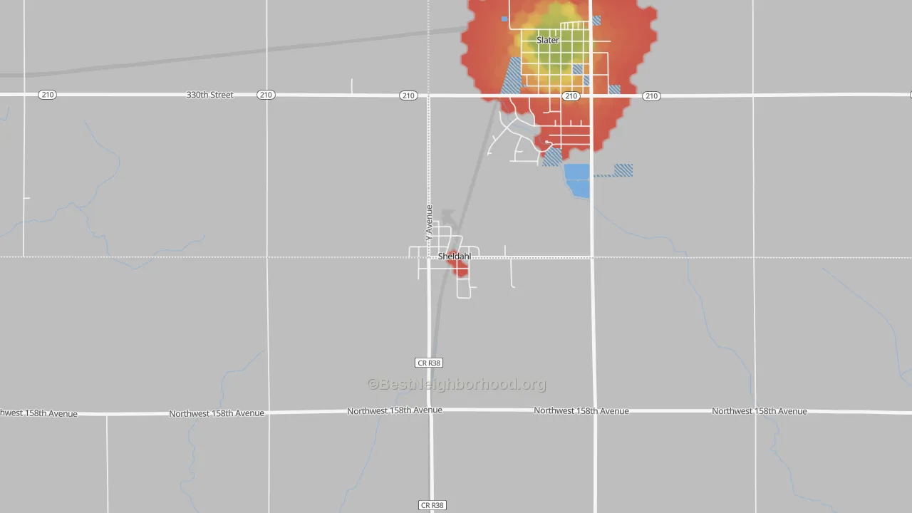 Walk Grade map of 50243, IA, walkable areas in green and car-dependent areas in red
