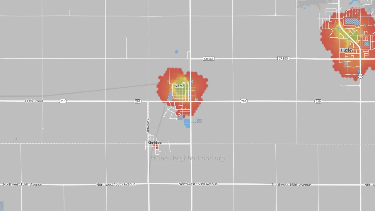 Walk Grade map of 50244, IA, walkable areas in green and car-dependent areas in red
