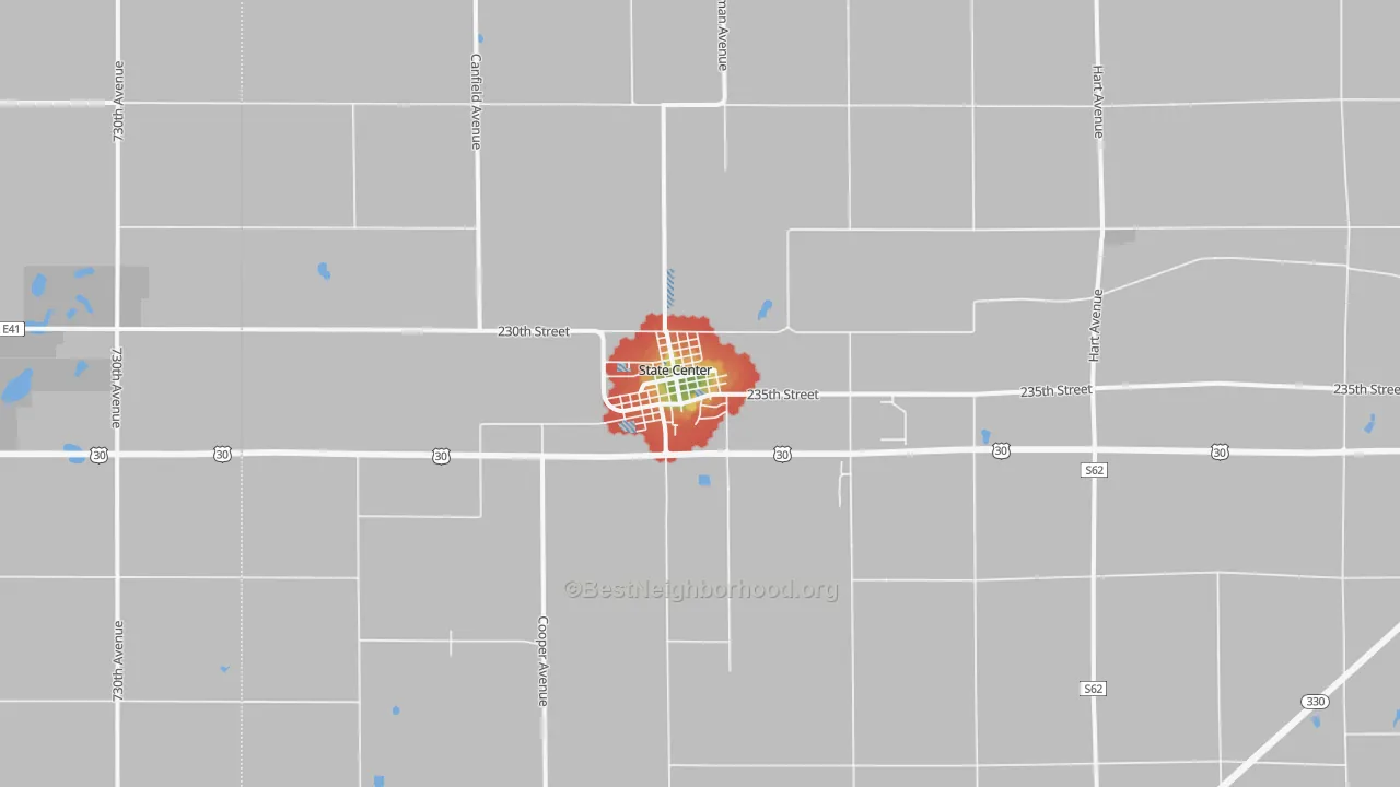 Walk Grade map of 50247, IA, walkable areas in green and car-dependent areas in red