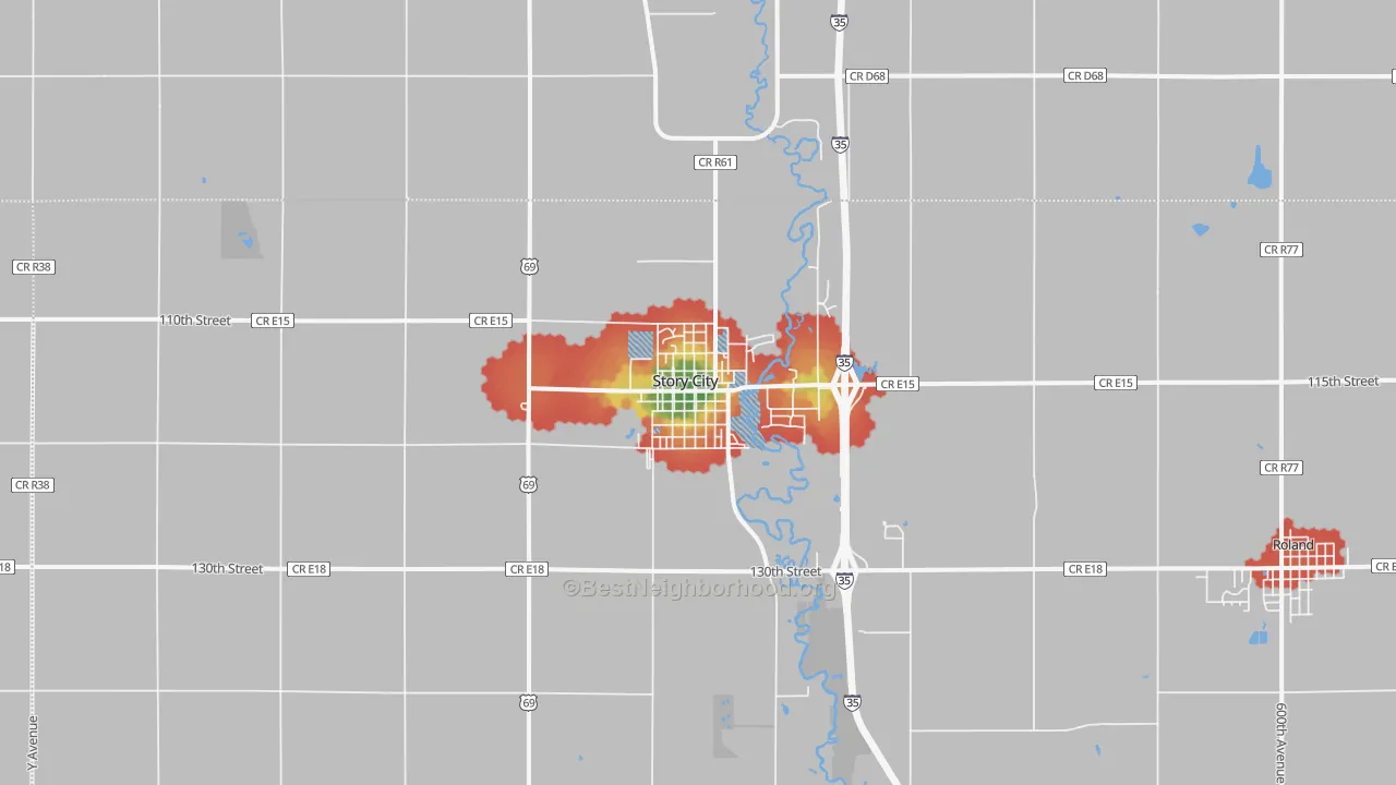 Walk Grade map of 50248, IA, walkable areas in green and car-dependent areas in red