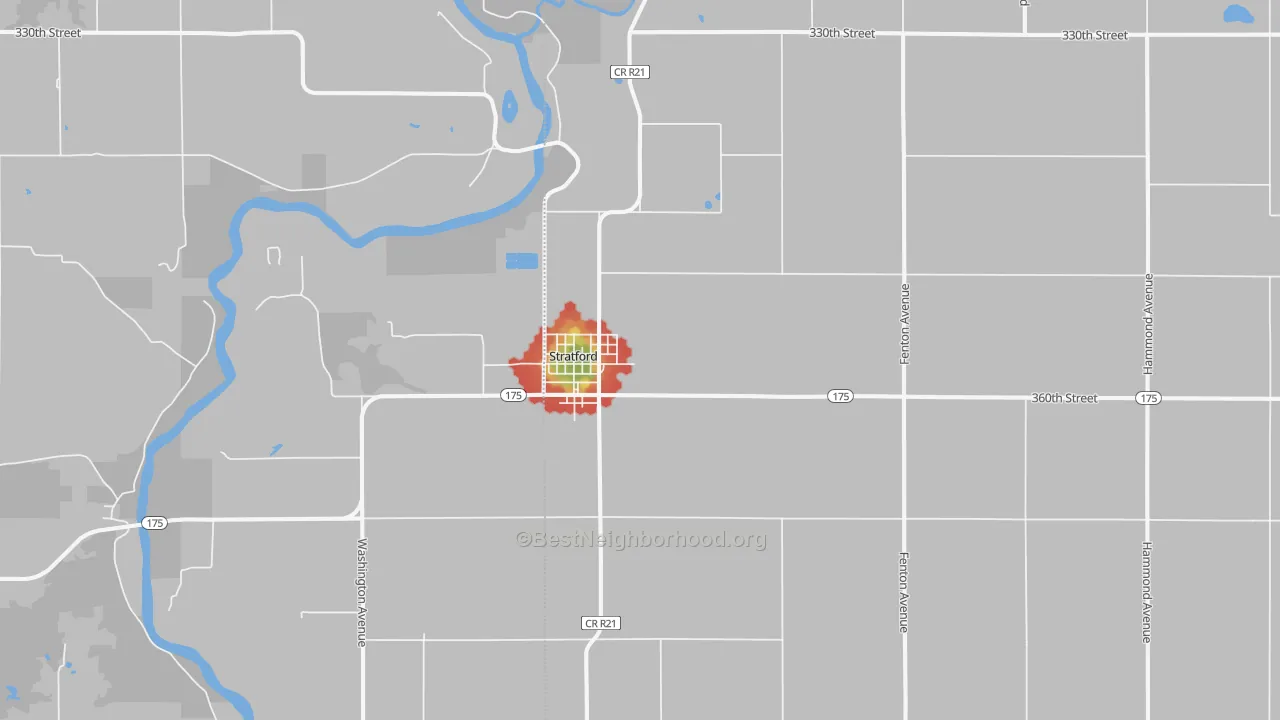 Walk Grade map of 50249, IA, walkable areas in green and car-dependent areas in red
