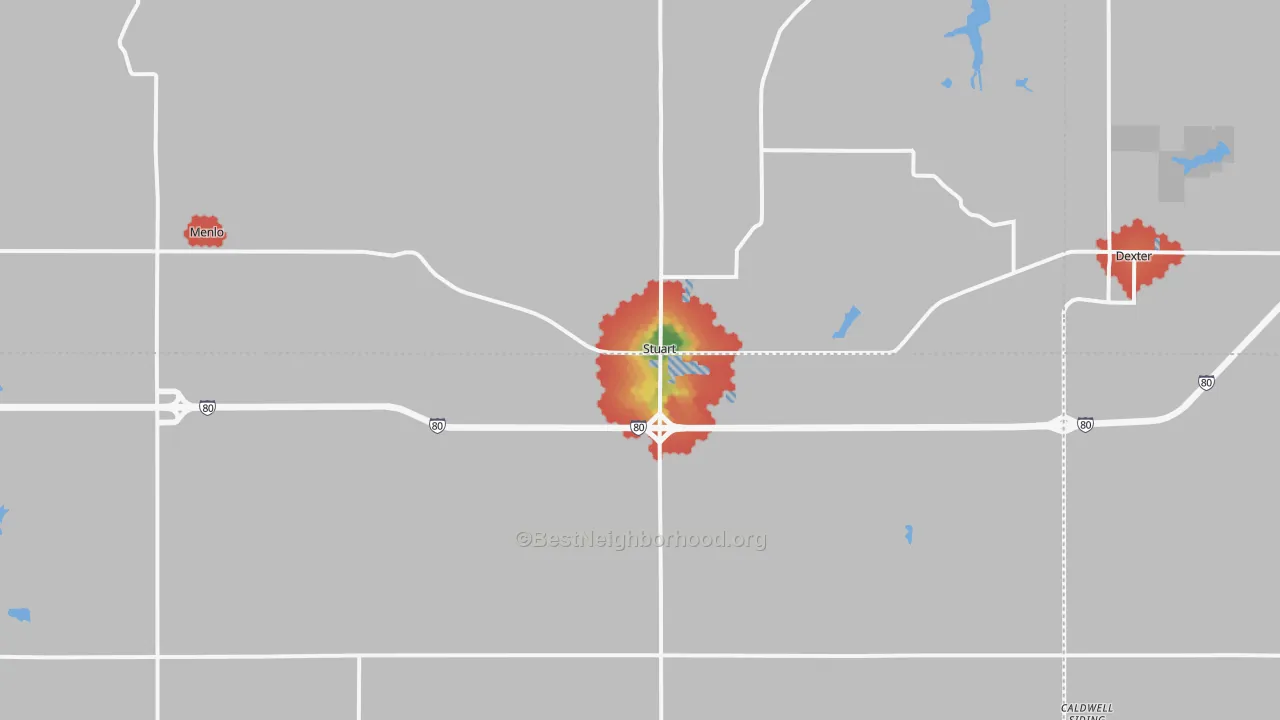 Walk Grade map of 50250, IA, walkable areas in green and car-dependent areas in red