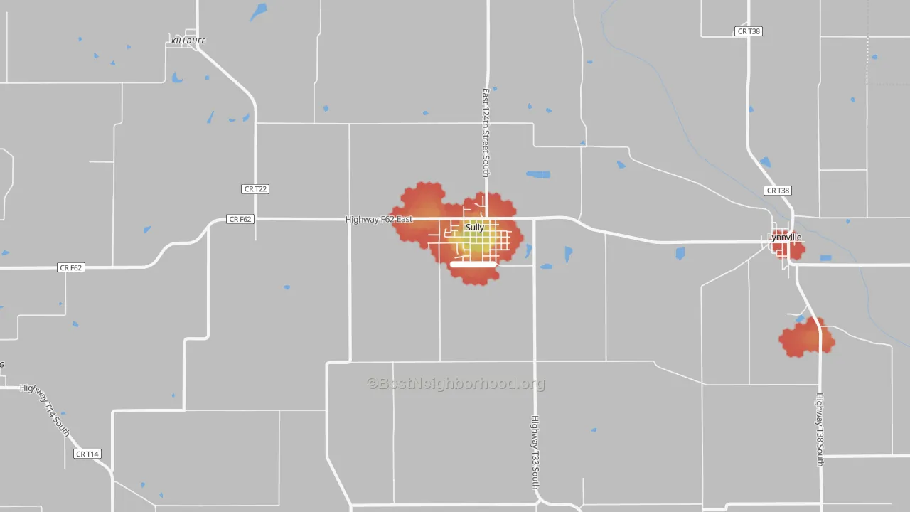 Walk Grade map of 50251, IA, walkable areas in green and car-dependent areas in red