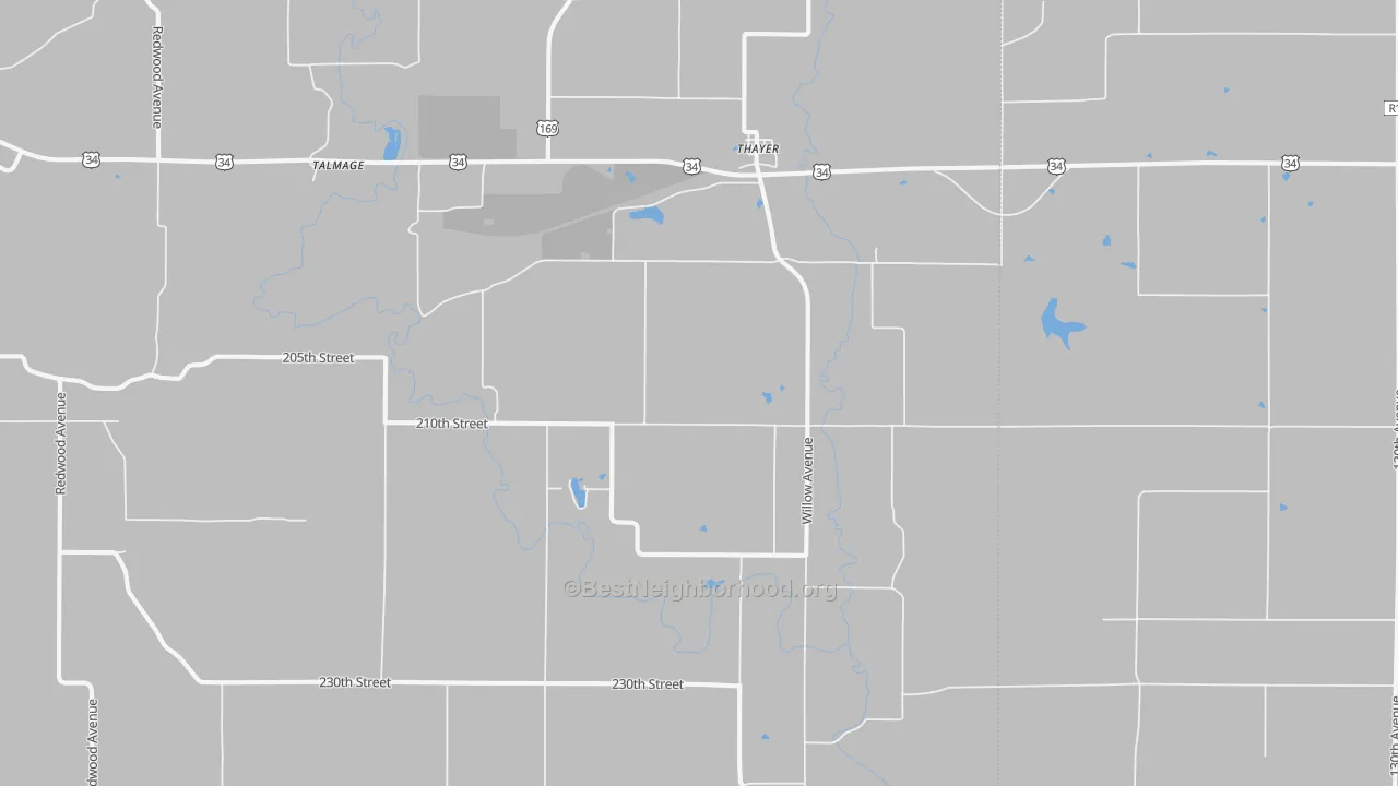 Walk Grade map of 50254, IA, walkable areas in green and car-dependent areas in red