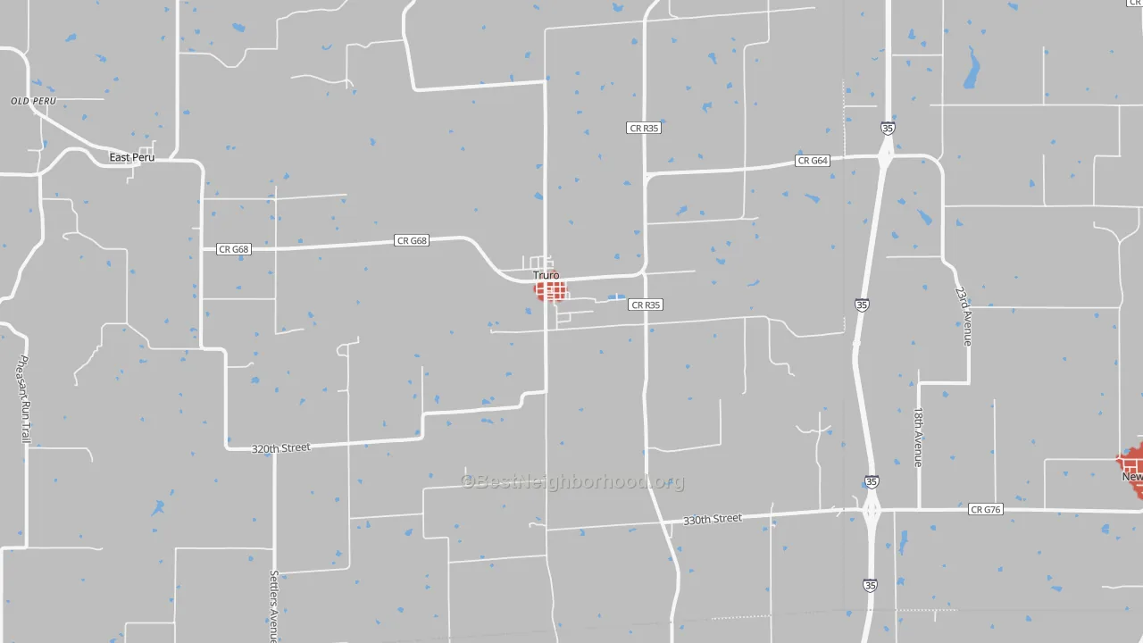 Walk Grade map of 50257, IA, walkable areas in green and car-dependent areas in red