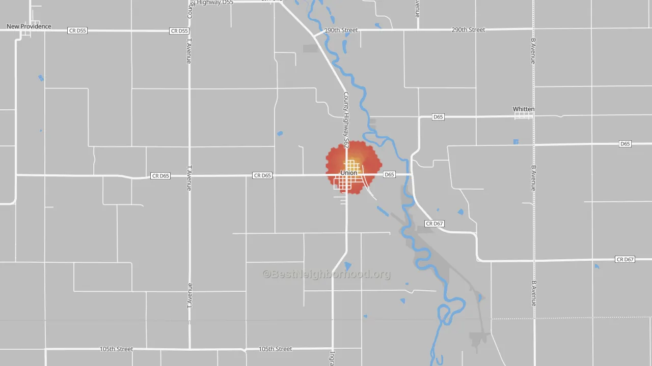 Walk Grade map of 50258, IA, walkable areas in green and car-dependent areas in red