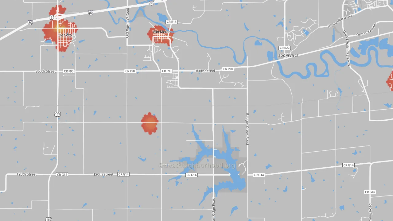 Walk Grade map of 50261, IA, walkable areas in green and car-dependent areas in red